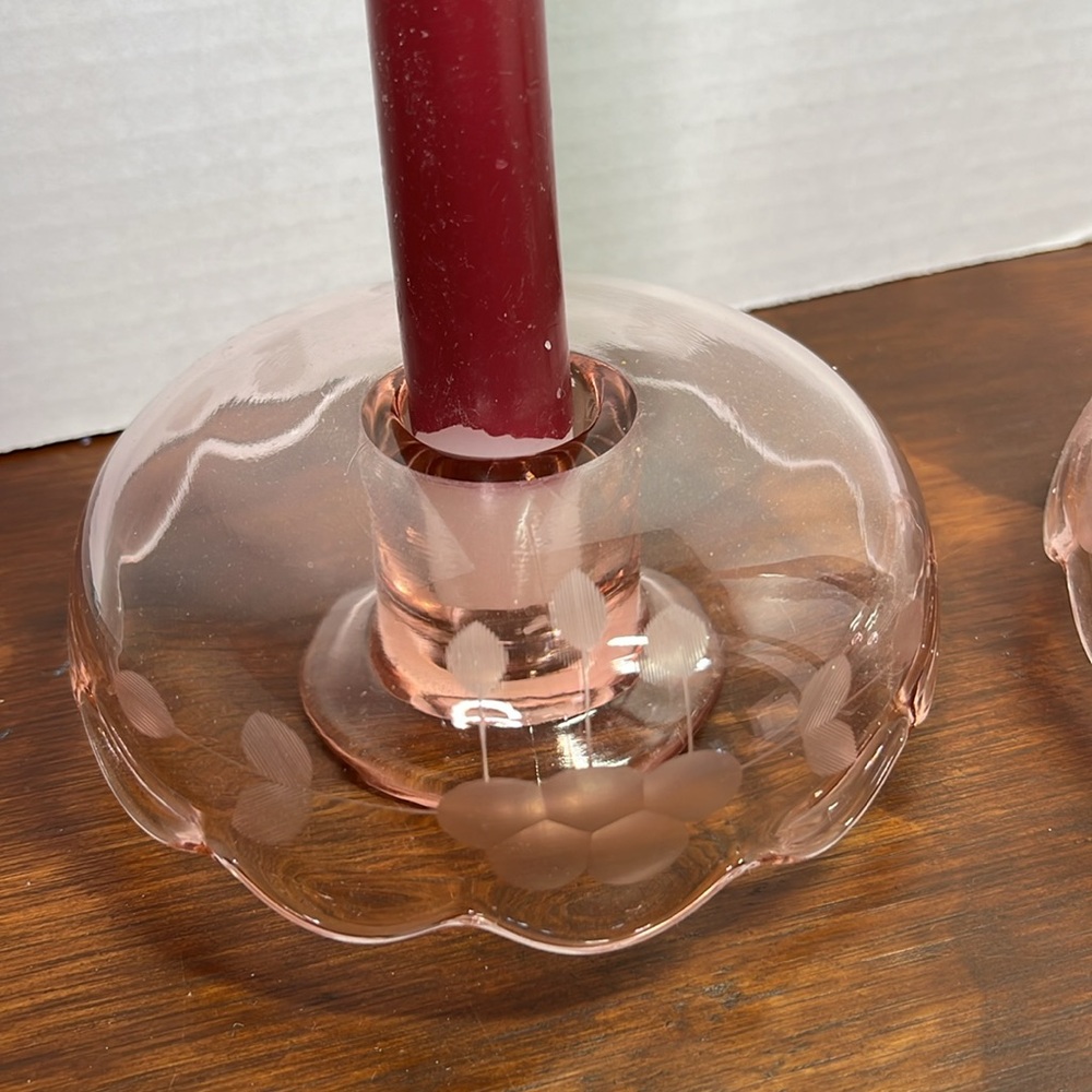 Cambridge Glass Pink Dome Candlestick Holders Etched Elegant Depression Glass